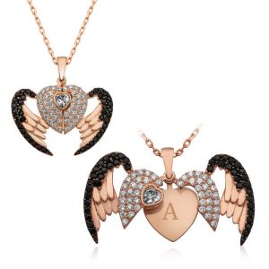 ​Gümüş Kişiye Özel Kanatlı Kalp Bayan Kolye - Görsel 1