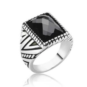 Gümüş Siyah Kesme Taşlı Erkek Yüzük - Görsel 1
