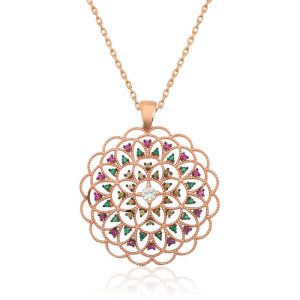 Gümüş Rose Geometrik Desenli Madalyon Kolye - Görsel 1