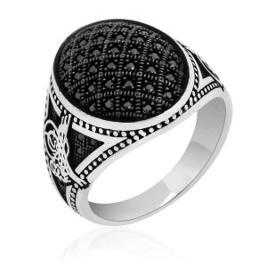 Gümüş Tuğralı Siyah Zirkon Taşlı Erkek Yüzük - Görsel 1