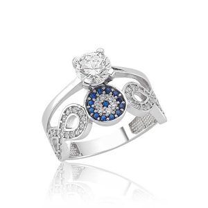 Gümüş Tek Taş Nazarlı Sonsuzluk Bayan Yüzük - Görsel 1