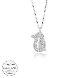 Swarovski Taşlı Gümüş Kedi Bayan Kolye - Görsel 1